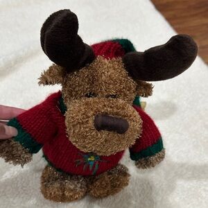 Adorable Brown Reindeer Plush with Red and Green Sweater